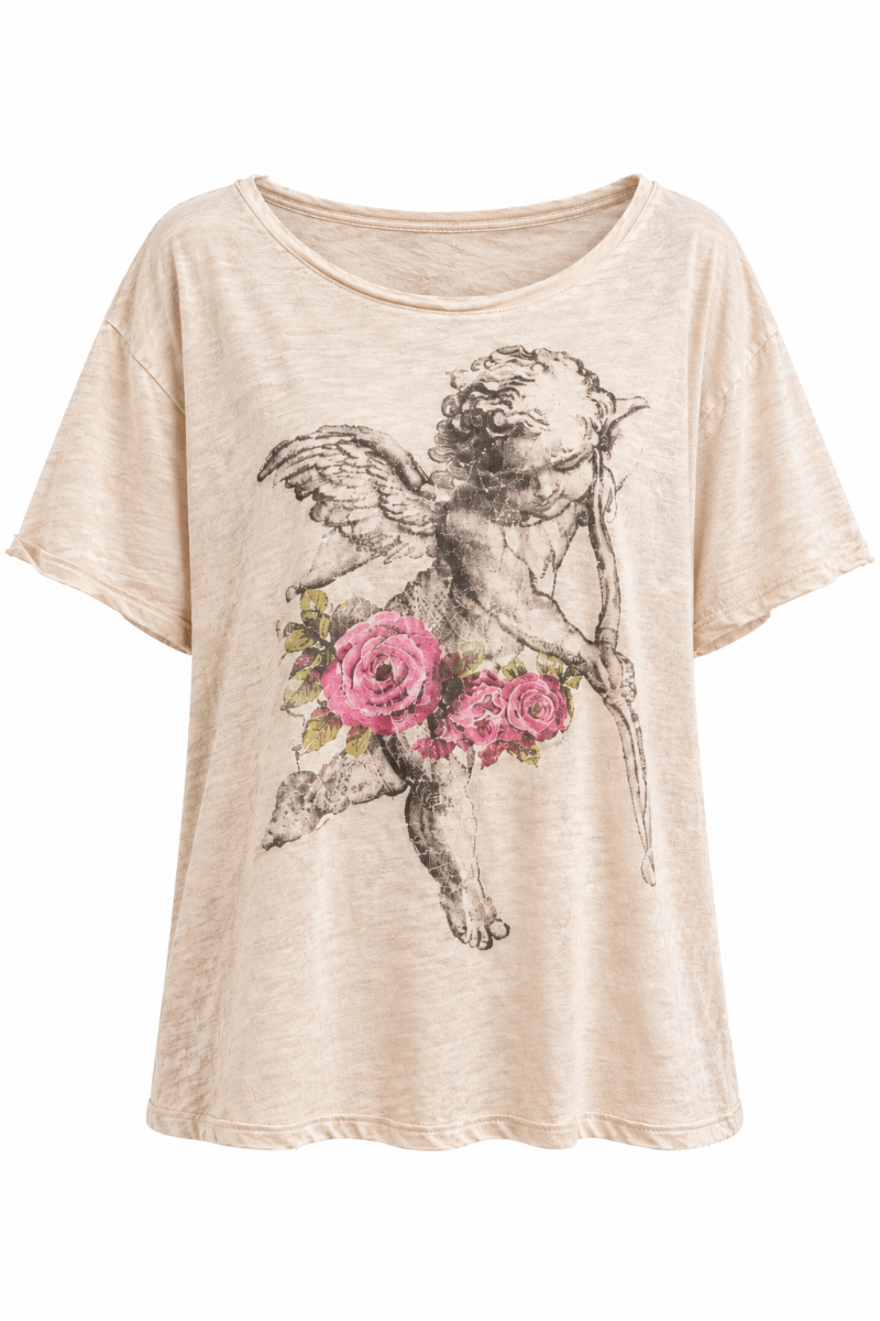 Trestles Clothing Company oversized beige cotton tee with vintage cherub and pink rose graphic and scoop neckline